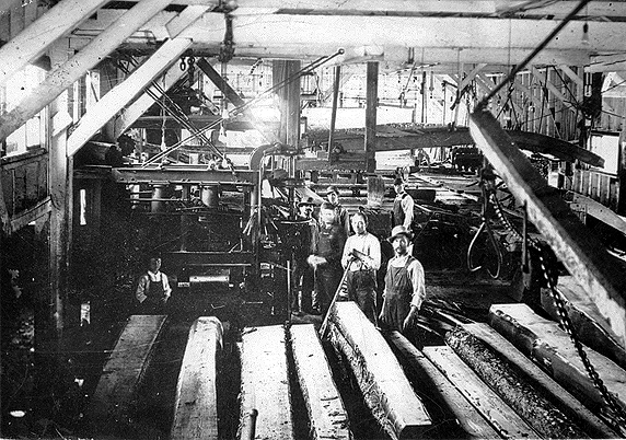 Interior of portion of the J. Neils sawmill at Cass Lake, ca. 1915.